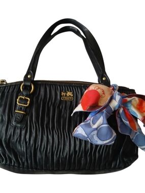 Coach Black Ruched Leather Madison Satchel with Multicolor Scarf